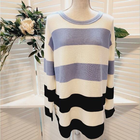 TALBOTS MULTI BLUE STRIPE SWEATER  WITH BUTTON SIDE ACCENT SIZE XLP - Picture 1 of 7